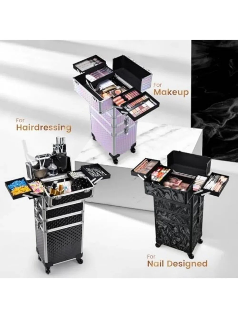 Large Rolling Makeup Case on Wheels - 4-in-1 Cosmetic Organizer & Travel Cart